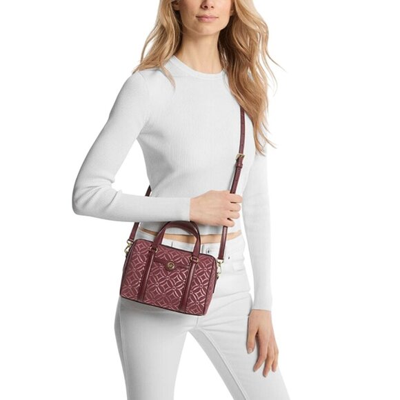NEW Michael Kors Travel Small Leather & Canvas Duffle Crossbody Bag Oxblood NWT - Picture 1 of 7
